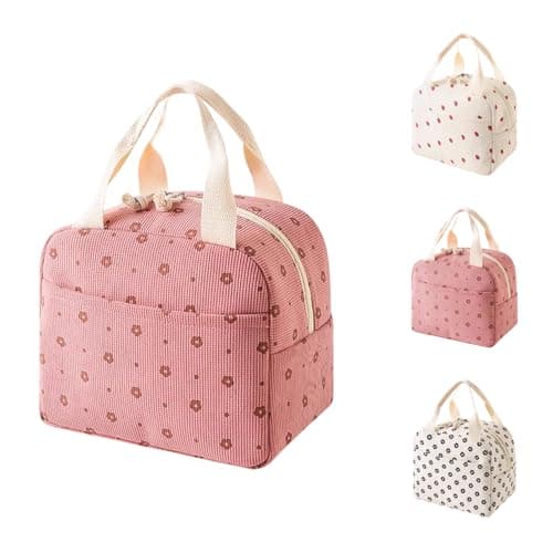 Image of SUOXU Large Capacity Corduroy Insulated Lunch Bag for Adults Kids, Thermal Tote for Work School Picnic, Leak Proof Cooler Bag with Handle, Cute Floral Print Lunch Box (Pink - Flower)