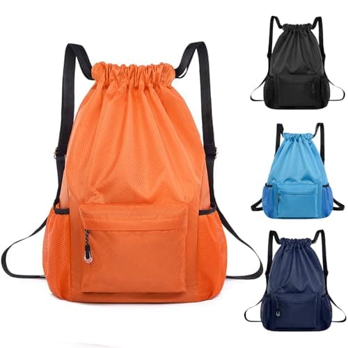 Image of BAOWUABJ Drawstring Bags, String Backpack, Large Waterproof Sports Backpack for Kids Adults, Unisex, Swim PE Bags Drawstring Gym Bags Sports Backpacks Swimming Bags for School Travel Workout (Orange)