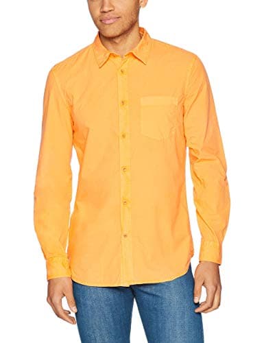 Image of French Connection Men's Overdyed Poplin Long Sleeve Button Down Shirt Shirt, Safety Orange, S, Orange, Small