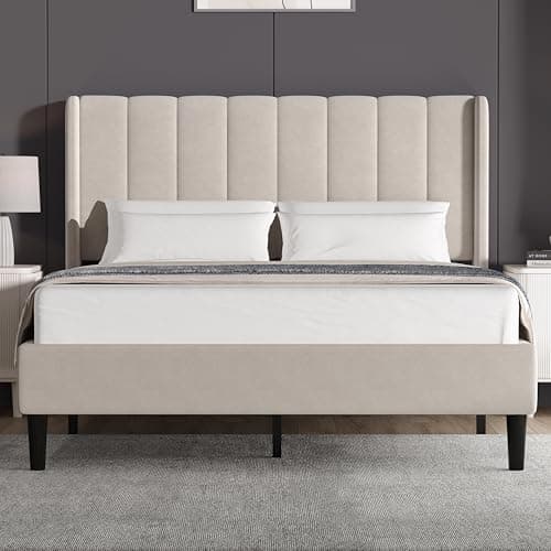 Image of Blisswood King Size Bed Frame Noise-Free Upholstered Platform Bed With Vertical Design Headboard Sturdy Wooden Slats Support & Under Bed Storage (Beige, King)