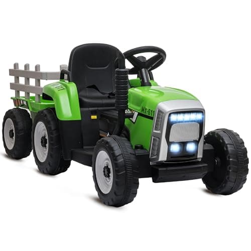Image of HOMCOM Kids Electric Car, 12V Electric Ride on Tractor and Trailer with Detachable Trailer Remote Control, USB, Horn, Lights, Start-Up Sound, for Ages 3-6 Years, Green