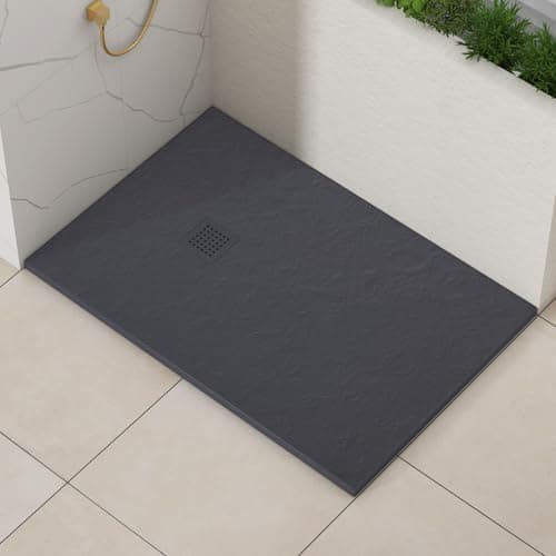 Image of Luxor Rectangular 1600 x 800 x 30mm Grey Slate Effect Stone Shower Tray Slip-Resistance for Shower Enclosure with Grey Cover Grate