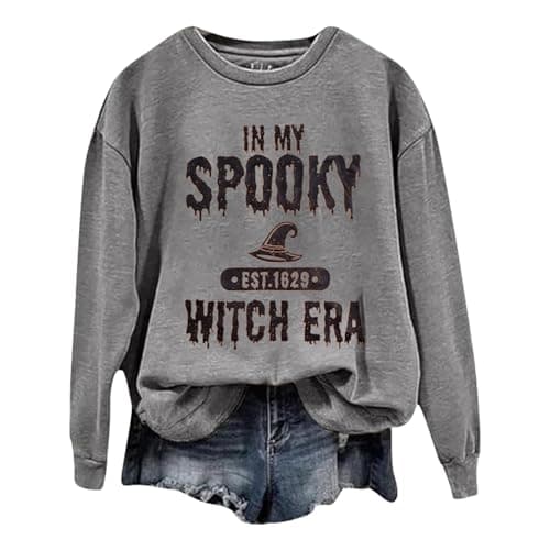 Image of Halloween Kostüm Women's Halloween Witch Themed Crew Neck Long Sleeve Lightweight Pullover Hoodie (Grey, S)