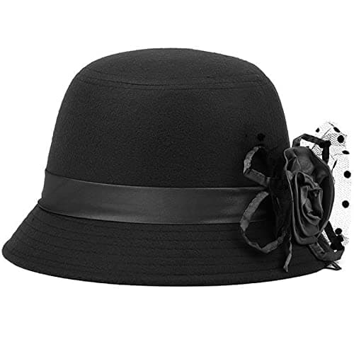 Image of WULIQIUQIU Womens Vintage Felt Cloche Hat Winter Floral Fedora Bucket Hat Bowler Hats Black