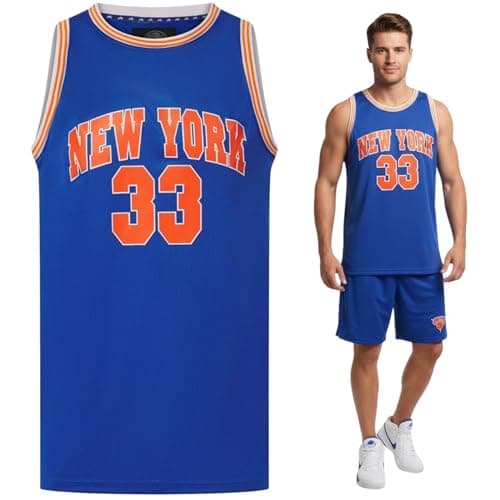 Image of Men’s Basketball Jersey – New York 33 Blue Mesh Vest, Sleeveless Sports Top, Breathable Retro Style (UK, Alpha, S, Regular, Tall, Blue)