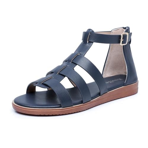 Image of Rusffes Women's Gladiator Sandals Roman Flat Sandals with Ankle Strap for Summer Navy 5uk