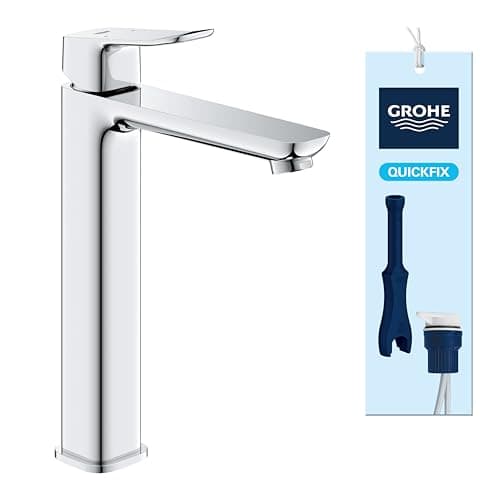 Image of GROHE Dice Smooth Body Washbasin Mixer Tap for Free Standing Basins (XL-Size 270mm, 28 mm Ceramic Cartridge, Water Saving, Tails 3/8 Inch, Easy to Fit with the Included QuickTool), Chrome, 1018920000