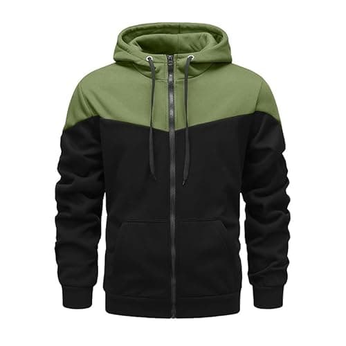 Image of CTU Mens Fleece Hoodies Zip up Hooded Sweatshirt Patchwork Casual Hoody Contrast Color Top Long Sleeve Warm Jacket Green XXL