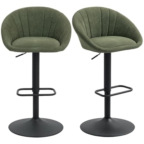Image of HOMCOM Modern Bar Stools Set of 2, Height Adjustable Swivel Barstools, Upholstered Breakfast Bar Chairs with Backrest and Footrest for Kitchen Island Counter, Dining Room, Dark Green