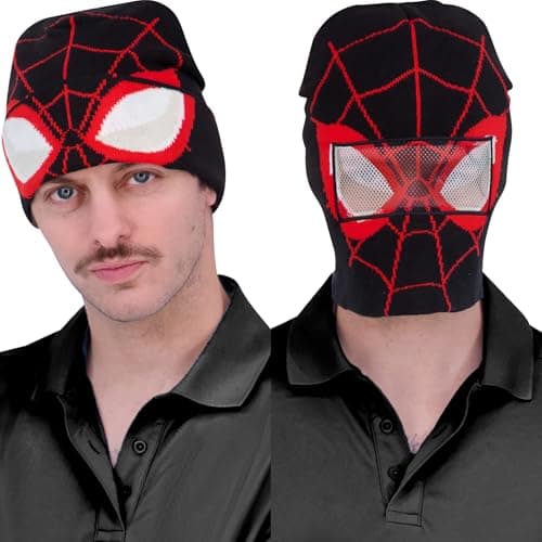 Image of Concept One Unisex's Marvel Spider-Man Miles Morales Roll Down Cuff Beanie Hat, Knitted Winter Skull Cap, Black/Red, One Size