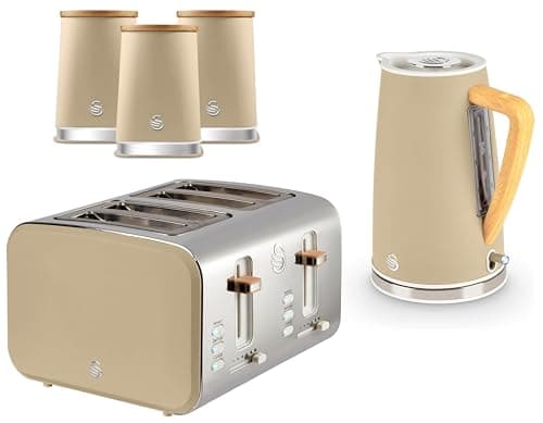 Image of Swan Nordic Oatmeal Kettle, 4 Slice Toaster and Canisters. Scandinavian Inspired Design Minimalist Design Kitchen Set in Oatmeal Matt Finish, Stainless Steel Accents and Acacia Wood