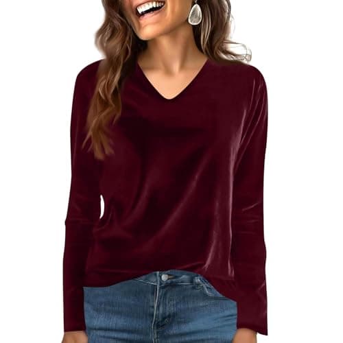 Image of Velvet Tops for Women UK V Neck Long Sleeve Blouse Casual Smart Party Tunic Tops Plain Loose Fit Velour Pullover Underwear Solid Basic Tees Shirts Office Work Shirt(Wine, XL)