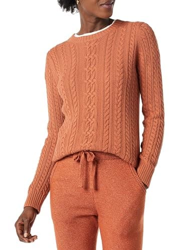Image of Amazon Essentials Women's Fisherman Cable Knit Long-Sleeve Crewneck Jumper (Available in Plus Size), Caramel, XS