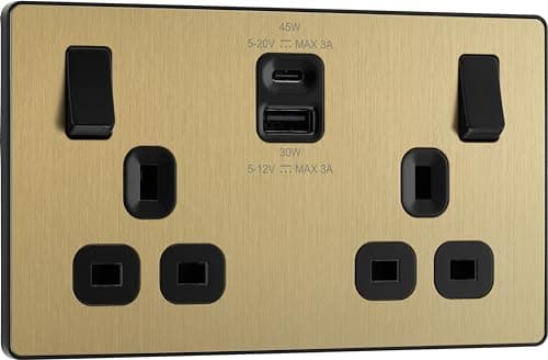 Image of BG Electrical Double Switched Power Wall Plug Socket with Super Fast Charge Type A & Type C USB Charging Ports, Evolve, Satin Brass, 13A, 45W, PCDSB22UAC45B