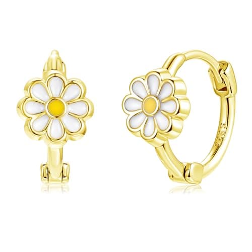 Image of Estrellique Gold Earrings for Women Girls, 925 Sterling Silver Daisy Hoop Earrings, Small Cartilage Sleeper Silver Hoop Earrings, Trendy Floral Daisy Huggie Earrings Jewelry Gifts Kids Birthday