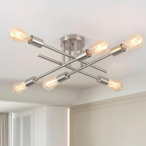 Image of LXWNYY Nickel Sputnik Ceiling Light Fittings 6 Bulbs Chandelier Modern Industrial Semi Flush Ceiling Light for Dining Room Living Room Kitchen Island Bedroom