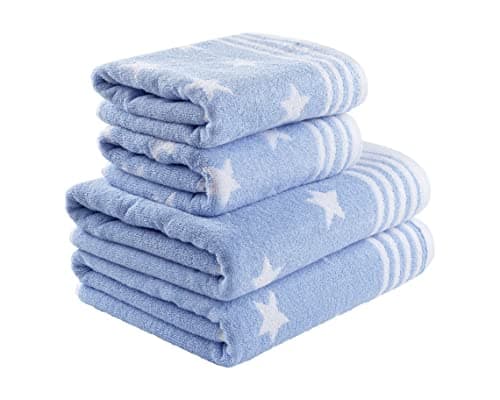 Image of La Maison Jacquard Stars 100% Cotton 500GSM Luxury Hand Towel Bath Towel Super Soft Highly Absorbent Everyday Use (4 Piece Bale Set - 2 Hand Towels and 2 Bath Towels, Blue)