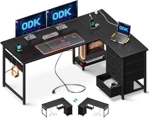 Image of ODK Corner Desk with Drawers, Reversible L Shaped Computer Desk with Power Outlet, Office Desks with USB Charging Port and Host Stand for Home Office Black, 135×100cm
