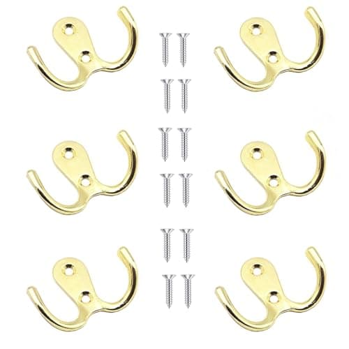 Image of Yesmin 6 Pcs Double Prong Robe Hooks, Dual Coat Hooks Wall Mounted Hanging Clothes for Bathroom Bedroom Door Wall Retro Metal Cloth Hanger Double Coat Hooks with 8 Screws-Gold