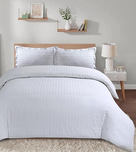 Image of Casabella Satin Stripe Duvet Cover Sets - Luxurious Single White Bedding with Satin Stripes, Hotel Quality Single Duvet Set & Pillowcases