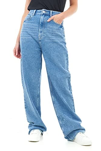 Image of M17 Womens Ladies Denim Jeans Straight Leg High Rise Comfy Casual Cotton Trouser Pants with Pockets (12, Mid Blue)