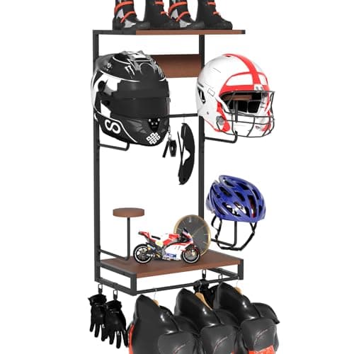 Image of GHWMYD Helmet Rack Mount Wall, Motorcycle Coat Cap Holder Wall Mount with 2 Shelves, 4 Helmet Stands for Helmet, Football Cyclist Equipment, Helmet Holder for Motorcycle Accessories