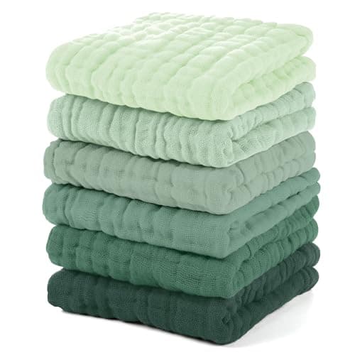 Image of Unnivoll Muslin Cloths for Baby 100% Cotton Muslin Squares Baby Wash Cloth Baby Essentials for Newborn Boys Girls Large 30x30CM Extra Soft and Absorbent 6 Pack - Gradient Green