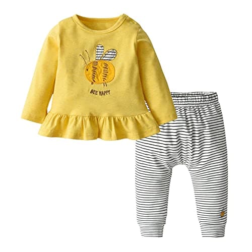 Image of Tinykeke Baby Girl Clothes Long Sleeve Bee Pattern Tops and Pants Infant Girls Outfits Set (18-24 Months) Yellow
