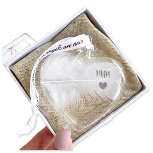 Image of Mum Feather Memorial Bauble Personalised Glass Heart. Gift Boxed Christmas Tree Decoration Handmade Keepsake
