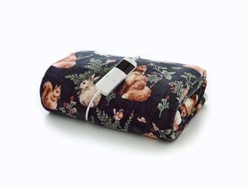 Image of Deyongs Woodland Wildlife Heated Throw 140x180cm – Green | Soft Sherpa & Flannel Fleece Blanket | Electric Heating Throw with Fox & Bunny Print | Machine Washable | 100% Polyester