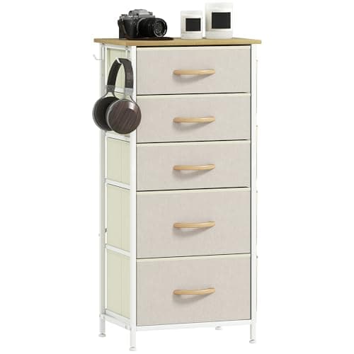 Image of HOMCOM Chest of Drawers, Dresser for Bedroom with 5 Fabric Drawers, Tall Storage Unit with 4 Pockets, 2 Hooks and Steel Frame for Living Room, Hallway, Beige