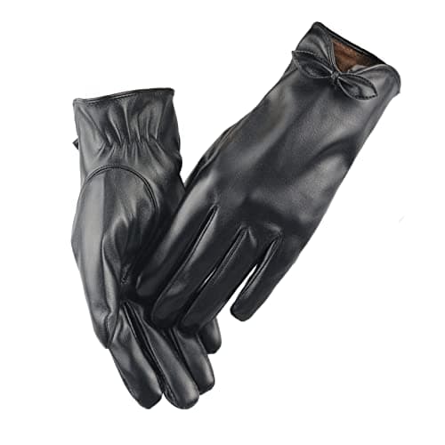 Image of Long Keeper Women PU Leather Touchscreen Gloves Winter Soft Warm Ladies Women Leather Gloves Touch Screen Texting Cycling Driving Gloves with Bowknot