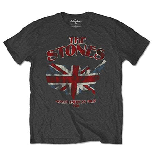 Image of The Rolling Stones Men's Union Jack US Map Regular Fit Crew Neck Short Sleeve T - Shirt, Grey (Grey Grey), Large (Manufacturer Size: Large)