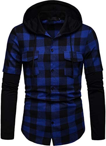 Image of Iris Sprite Men Hooded Plaid Shirts Button Splice Sweatshirt Long Sleeve Lattice Tops (Blue, S)