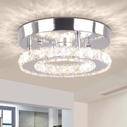 Image of diisunbihuo Modern Mini Crystal LED Ceiling Light 25 cm, Dimmable with Remote Control, Stainless Steel Finish, Round Flush Mount for Hallway/Bedroom