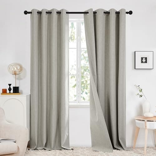 Image of Deconovo Full Blackout Curtains with Double-sided Faux Linen, Thermal Insulated Eyelet Thick Flax Solid Curtains for Living Room, 66x90 Inch(Width x Length), Linen Grey, 2 Panels