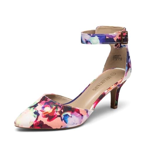 Image of DREAM PAIRS Womens Court Shoes Pointed Toe Low Kitten Heel Ladies Pumps Ankle Strap Dress Sandals,Size 5,Floral,LOWPOINTED