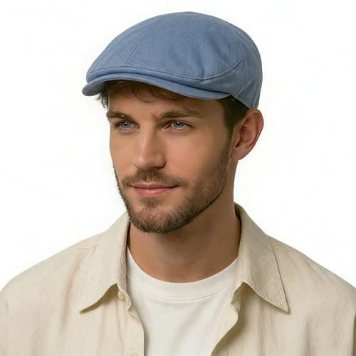 Image of ZLYC Men Cotton Flat Cap Lightweight Ivy Irish Cabbie Driving Hat Summer Newsboy Hats(Plain Blue),One Size