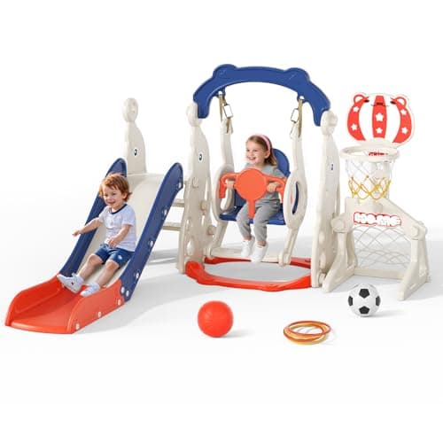 Image of Children's Slide, Extra Long Slide Track, Freestanding Toddler Slide with Basketball Hoop, Toddler Climbing Frame, Montessori Baby Garden Slide Playset, for Indoor and Outdoor Use (Red-6 in 1)