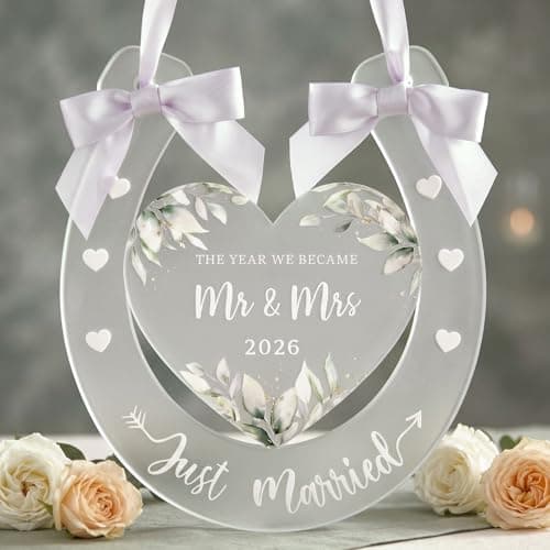Image of Wedding Horseshoe Just Married Mr and Mrs Gifts for Bride and Groom The Year We Became Mr & Mrs Hanging Heart with White Ribbon