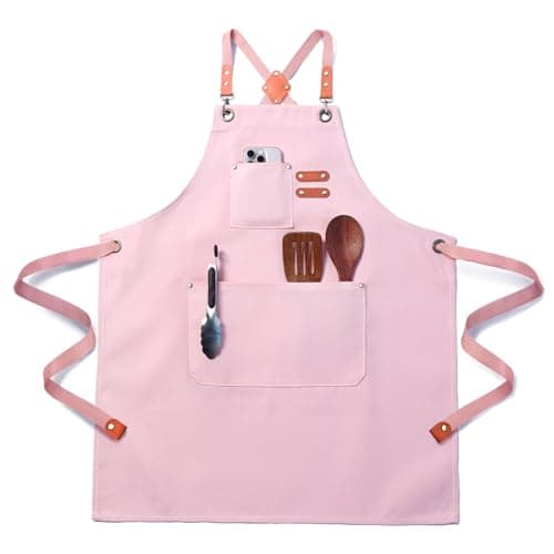Image of FortuWrap Chef Apron for Men Women with Pockets,Cross Back Cotton Canvas Plus Size Apron for Cooking BBQ Baking Gardening(Pink)