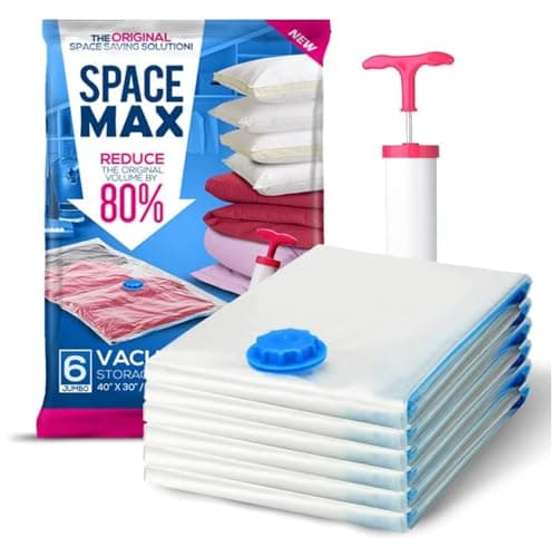Image of Jumbo 6 Pack - SPACE MAX Premium Space Saver Vacuum Storage Bags - Save 80% More Storage Space - Reusable, Double Zip Seal & Leak Valve, Includes Travel Hand Pump