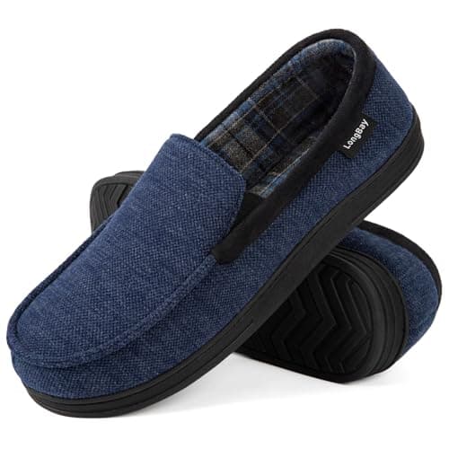 Image of LongBay Men's Moccasin Slippers Memory Foam Plush Fleece House Shoes in Indoor Outdoor Fashion Navy, 10