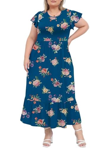 Image of Moon Wood Summer Dresses for Women Crew Neck Ruffle Sleeve Floral Curvy Long Dress with Pockets Plus Size CR10 XXL