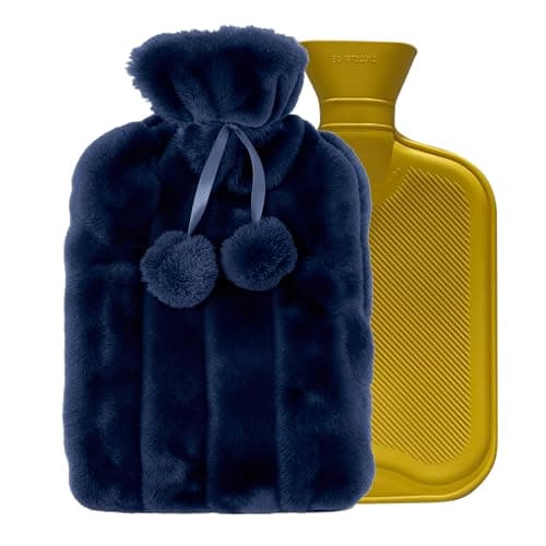 Image of Stylish 2 Litre Hot Water Bottle with Dark Blue Faux Fur Cover – Luxury Plush Heat Bottle for Cold Nights & Body Pain Relief
