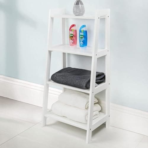 Image of Top Home Solutions® 4 Tier Ladder Shelf – White Wooden Bathroom Storage Unit, Multipurpose Stylish & Functional Shelving Display Stand For Bedroom, Living Room and Bathroom H90cm x W43cm x D30cm