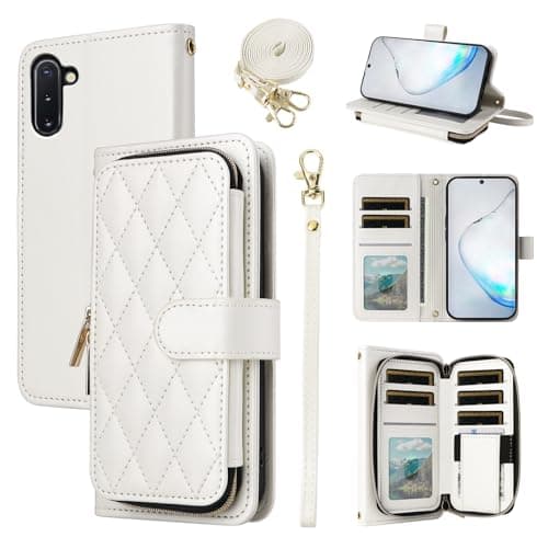 Image of ELISORLI Wallet Case for Samsung Galaxy Note 10 5G with Wrist Strap Shoulder Strap, 9+ Card Slots Zipper Purse, Luxury PU Leather Stand Cell Phone Cover for Note10 Notes 10s Ten Not S10 Women White