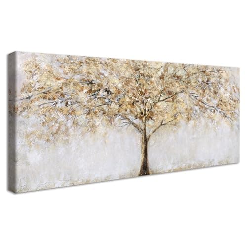 Image of Wooden Framed Large Canvas Wall Art Shining Tree of Life Painting on Canvas Prints Morden Wall Artwork Beige Gold Abstract Landscape Pictures for Living Room Bedroom Home Office Decoration 50x120cm