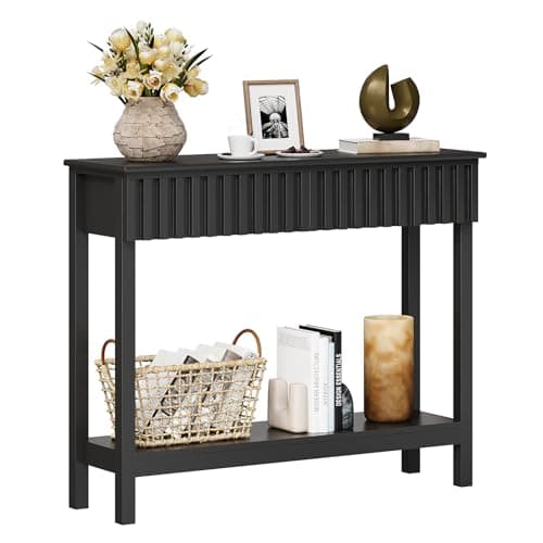 Image of Trironsun Narrow Fluted Console Table with 2 Drawers and Open Shelf Modern Painted Wood Sofa Table for Hallway, Living Room or Behind Couch (Black)