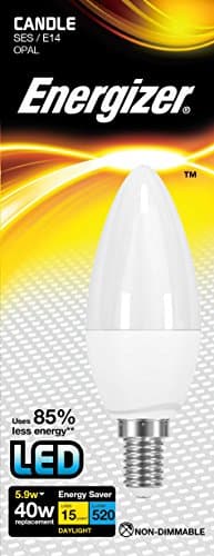 Image of Energizer E14 Candle LED Light Bulb with Opal Effect - 5.9W. Daylight 6500K, 520 Lumen Energy Saving Lightbulb. Non-Dimmable - Small Edison Screw (SES)